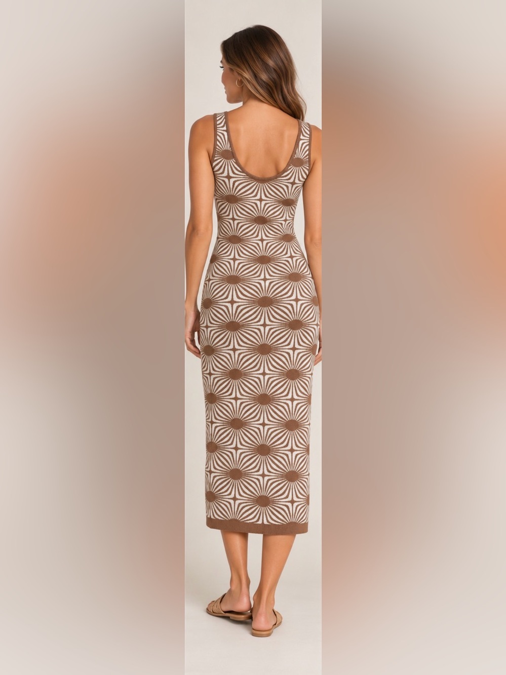 House of Harlow 1960 Brown & Cream Geometric Knit Midi Dress - Picture 3 of 10
